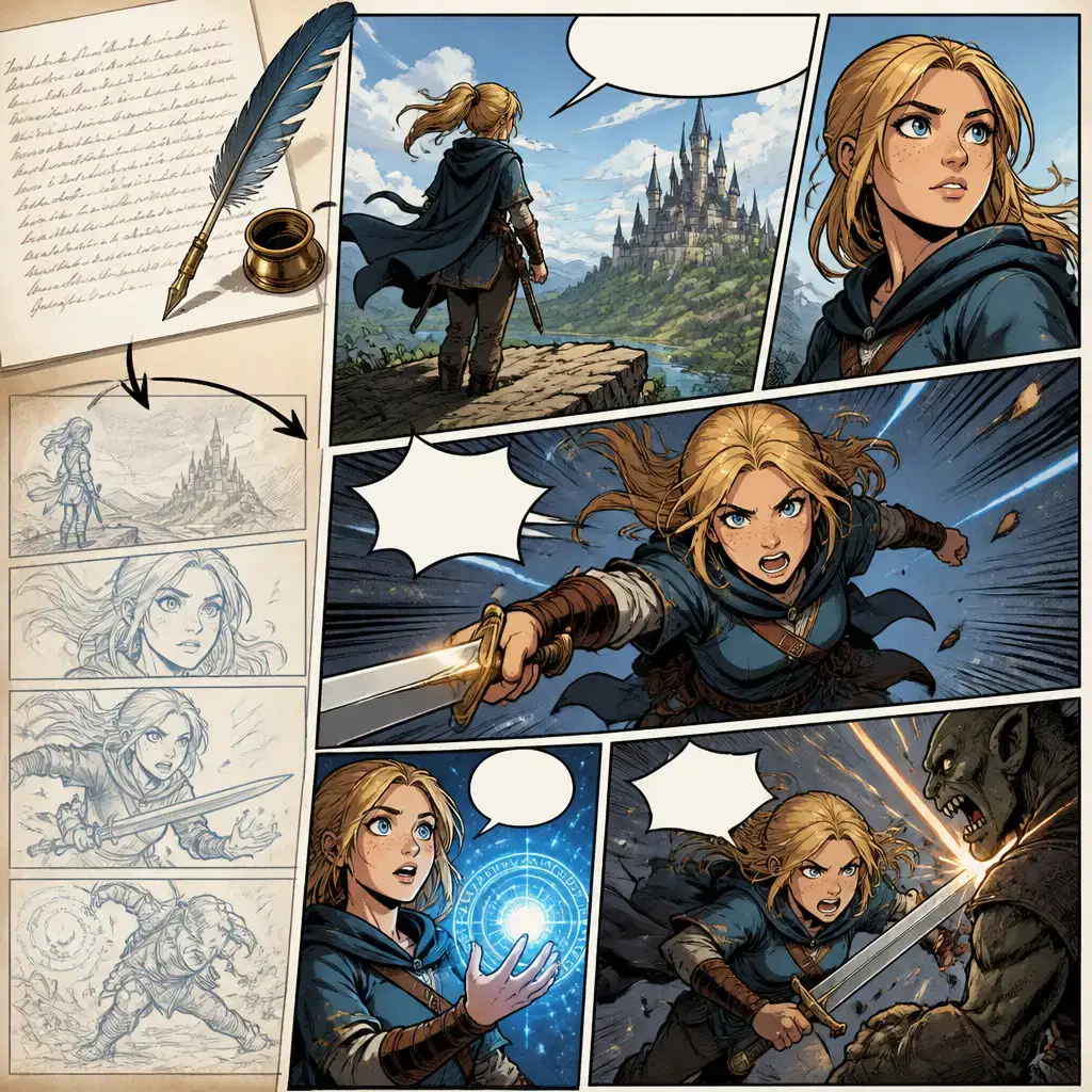 AI comic generator turning a written story into manga and webtoon panels with consistent characters in VoooAI