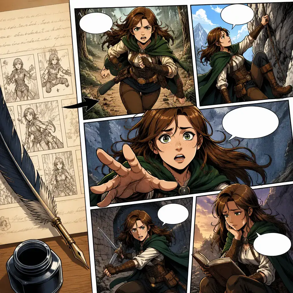 AI comic generator turning a written story into manga and webtoon panels with consistent characters in VoooAI — alternate composition