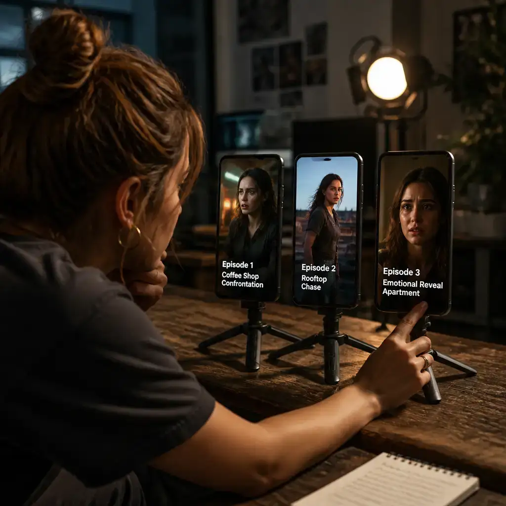 Multi-episode AI short drama series with consistent characters across episodes, produced in VoooAI