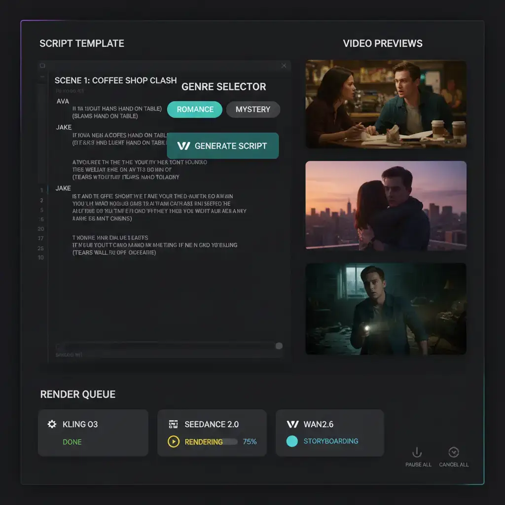 Short drama script template editor with multi-engine render preview in VoooAI AI video production dashboard