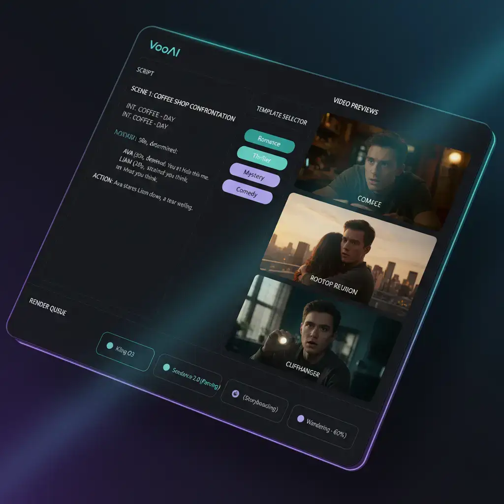Three-episode vertical short drama series workflow with locked character sheets and cliffhanger beat structure in VoooAI